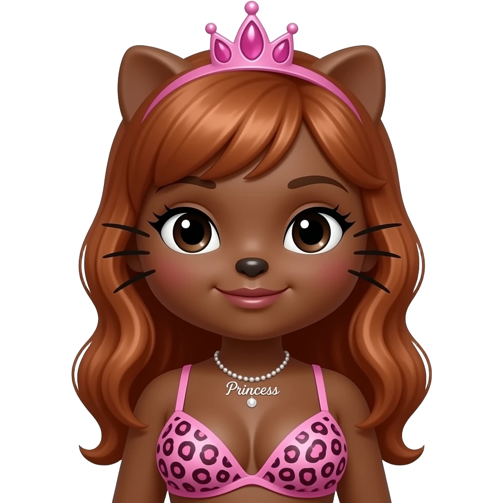 Big breast, Dark brown skin hello kitty girl, Doll shaped face, doll eyes, pink tiara, copper hair, “Princess”  necklace, with pink leopard print bra emoji
