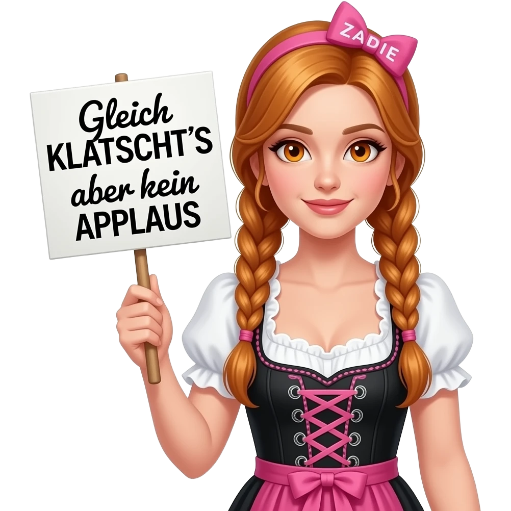 sexy girl with overlong ginger braids and ginger eyes wearing a black pink dirndl and a pink headband with ZADIE written on it, is holding a sign with Gleich KLATSCHT'S aber kein APPLAUS written on it emoji