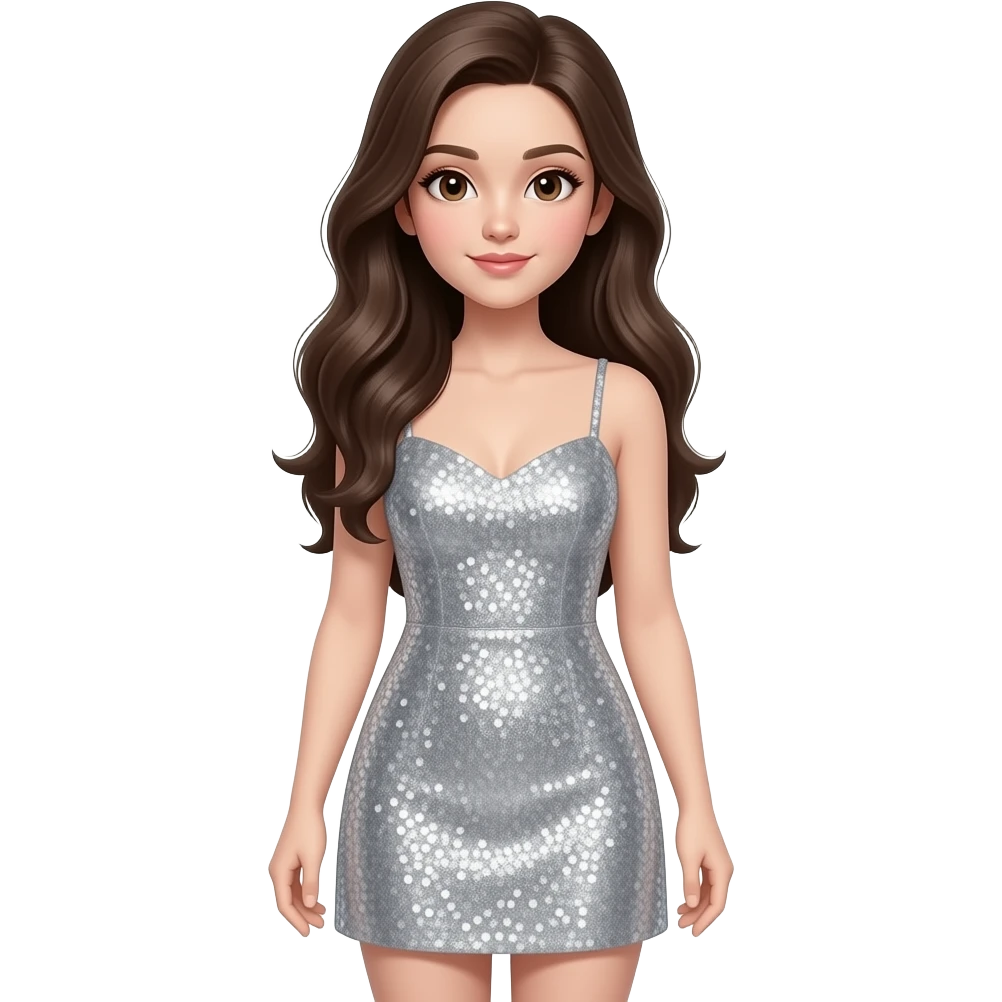 Cara de Niña con vestido de brillos pero cuerpo completo brillos plateados cabello más largo emoji