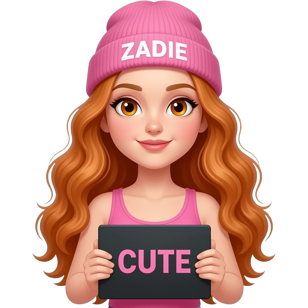 sexy girl with overlong wavy ginger hair and ginger eyes wearing a pink tanktop and a pink beanie with ZADIE written on it, is holding a black sign with CUTE written on it emoji