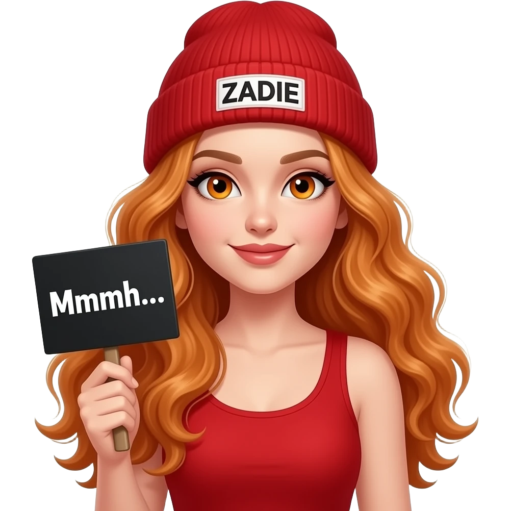 sexy girl with overlong wavy ginger hair and ginger eyes wearing a red tanktop and a red beanie with ZADIE written on it, is holding a black sign with Mmmh... written on it emoji