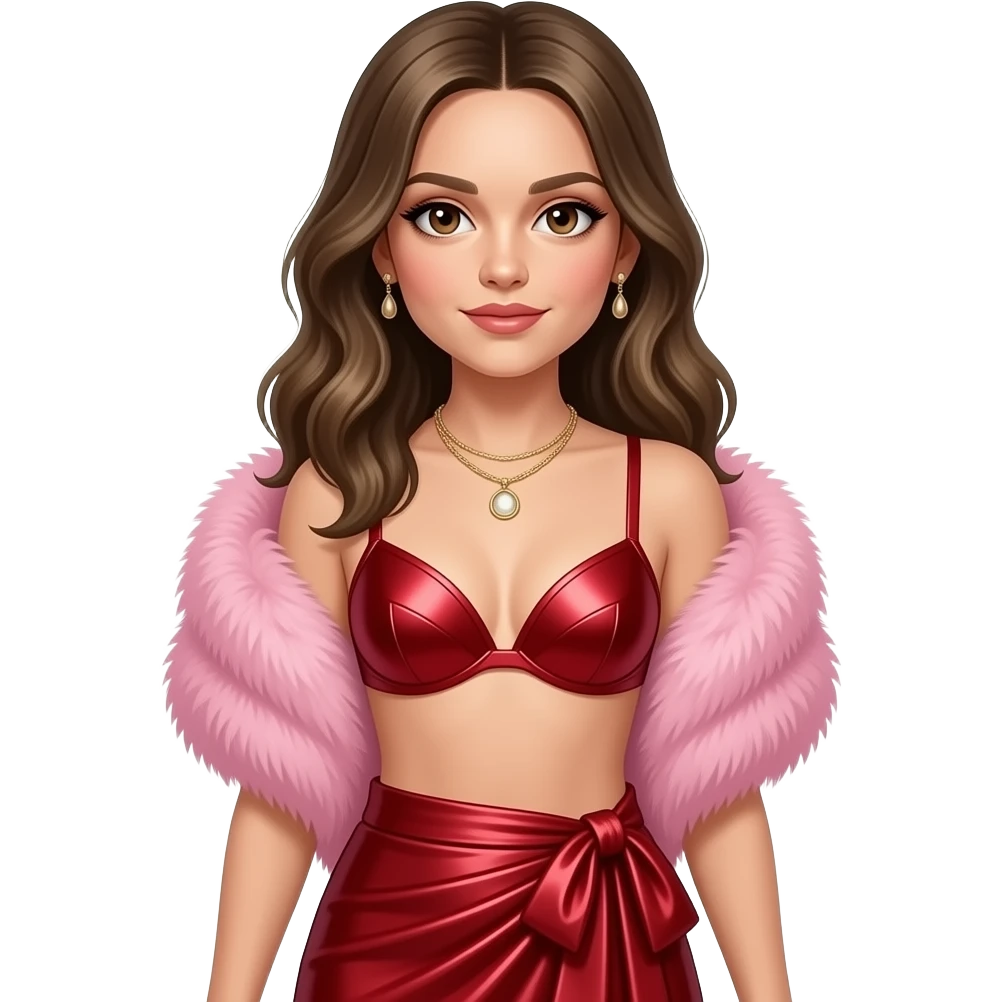 Lily-Rose Depp with brown eyes, long dark blonde hair, pink fur shawl, red metallic bra, red metallic long wrap skirt, necklace and earrings emoji