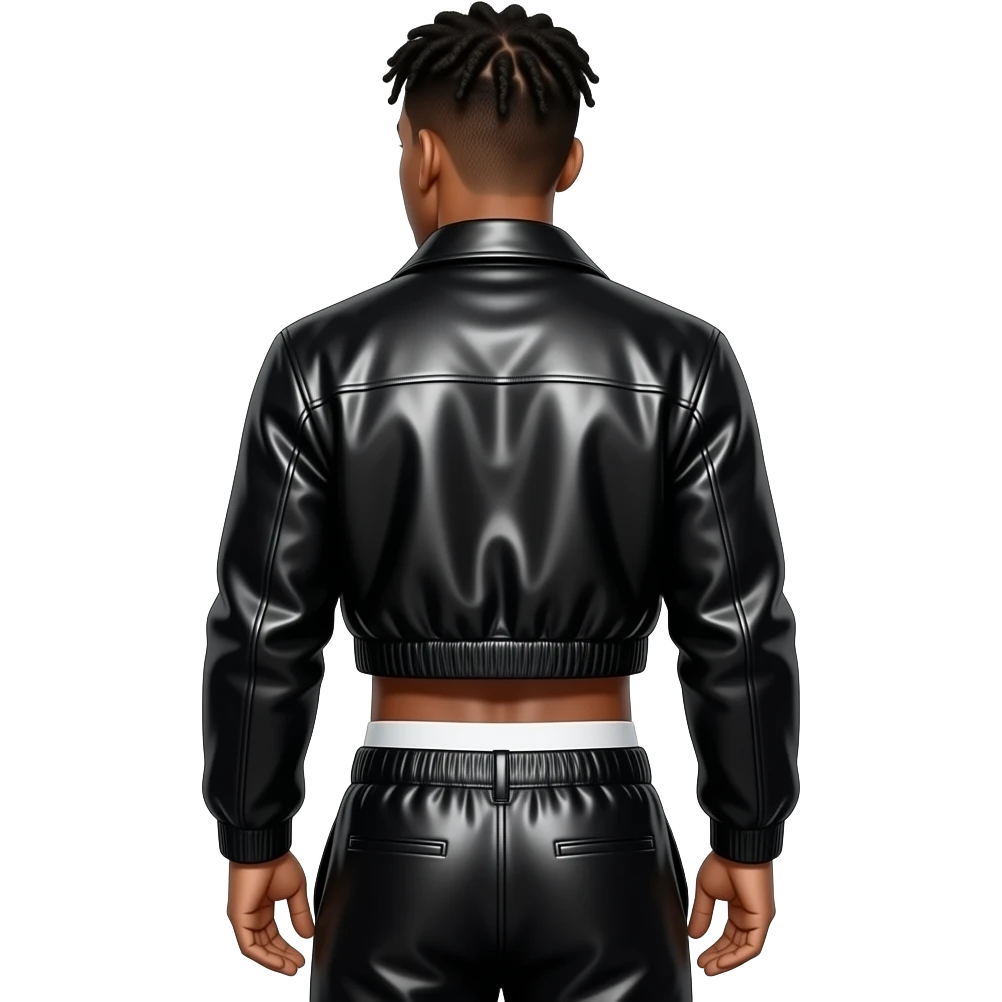 NBA YoungBoy from behind with black metallic jacket crop top, black metallic saggy pants with white undies, shirtless emoji