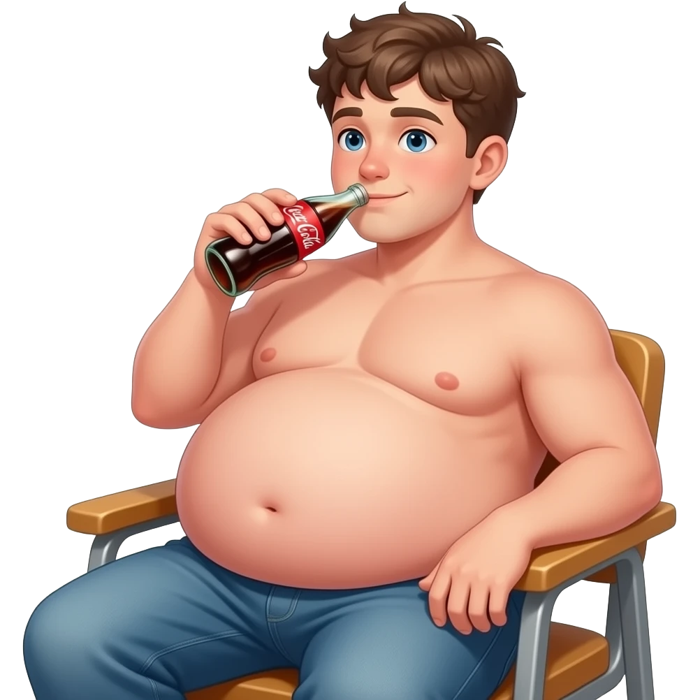 Chłopak ma 16 lat bardzo bardzo ogromnym brzucha brzuch🫄🏼 ma kształt jak ogromna piłka i brzuch jest bardzo twardy i bez koszulki i siedzi na krześle i pije Coca-Cola emoji