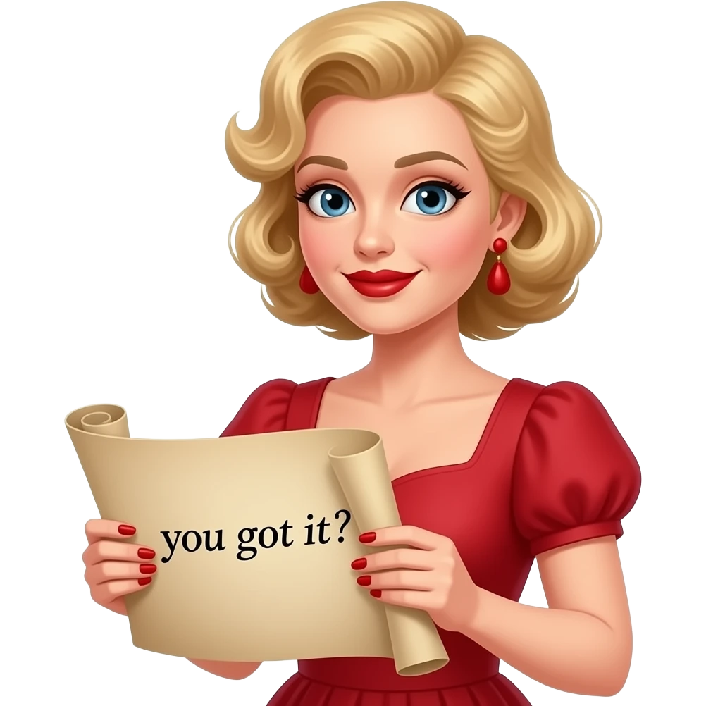 Short curly blond hair side swept Holding an open scroll saying you got it with red nail polish, brown lipstick and red vintage dress emoji