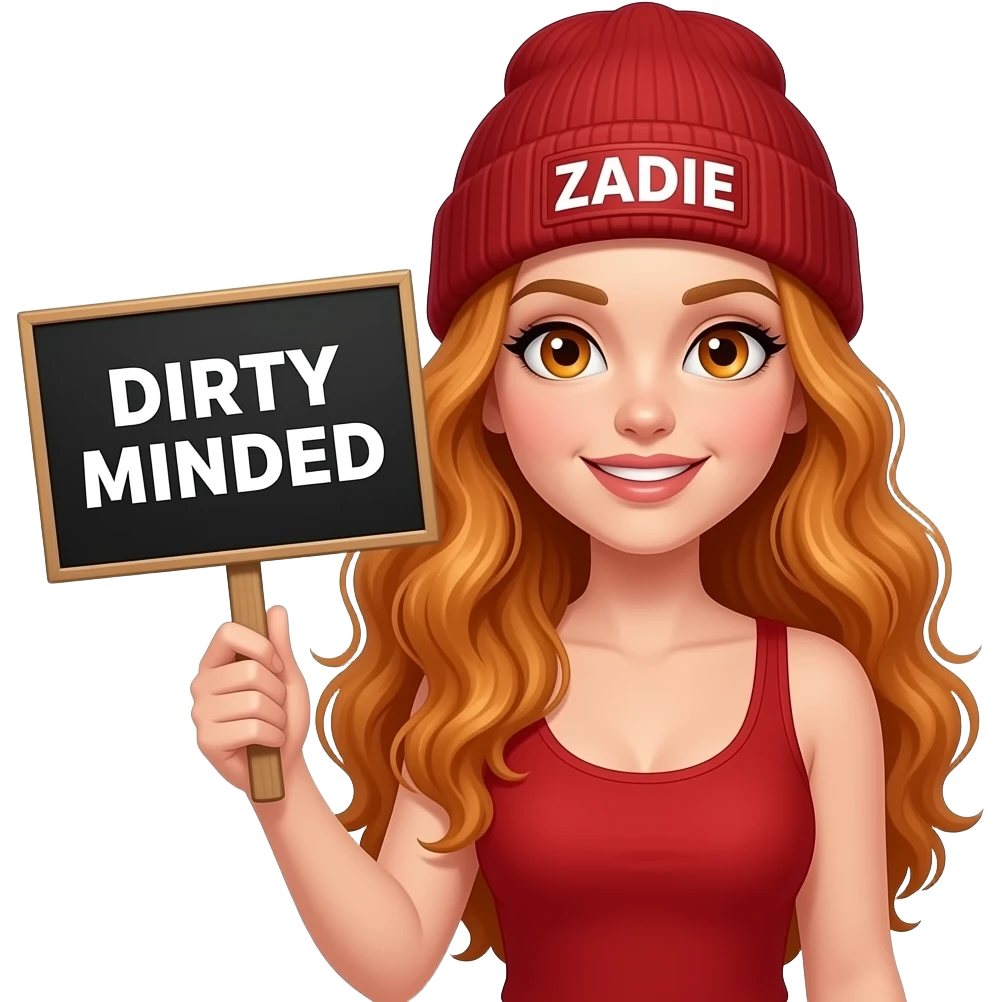 sexy girl with overlong wavy ginger hair and ginger eyes wearing a red tanktop and a red beanie with ZADIE written on it, is holding a black sign with DIRTY MINDED written on it emoji