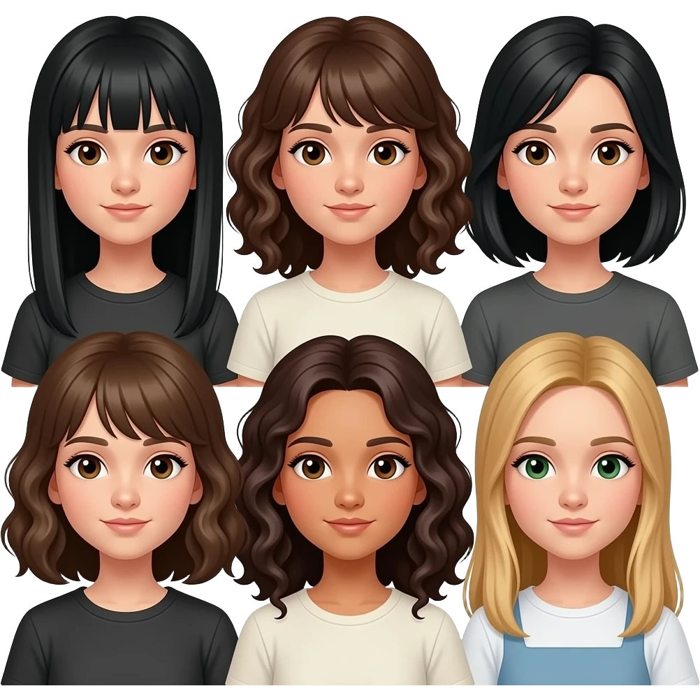 Un groupe de 8 filles 4avec les cheveux noirs et les yeux marrons 3 avec les cheveux bloncds foncé donc 2 avec les cheveux bouclés et avec les yeux marrons et une avec les cheveux blonds et les yeux verts emoji