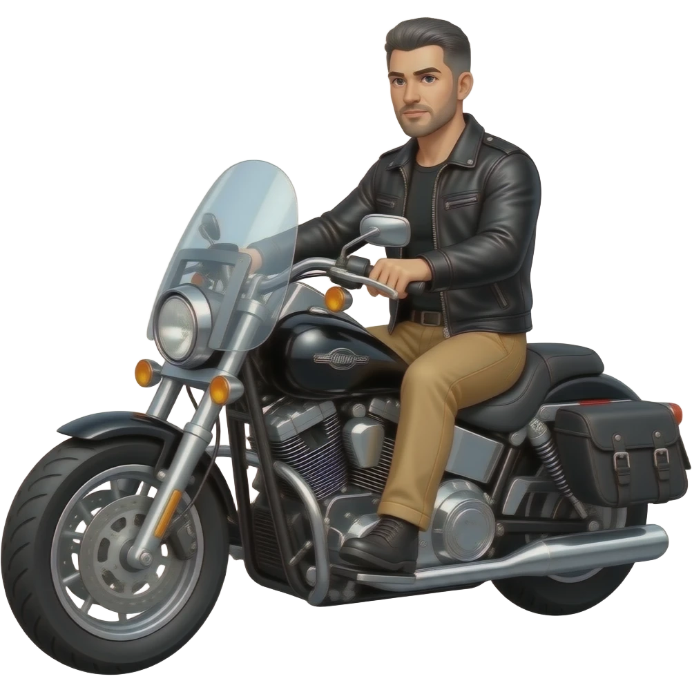 Gray and black short hair clean shaven man with no beard in black leather jacket and black shirt and tan pants riding on a harley with a windshield and saddlebags emoji