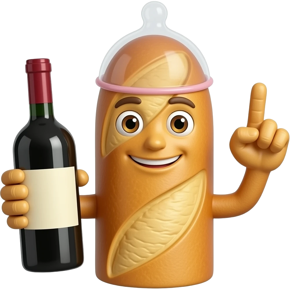 Longue Baguette avec une bouche, des yeux et des bras. Elle a un preservatif sur le haut de la tete et une bouteille de vin dans la main. L'autre main a 2 doigts tendus et collés emoji