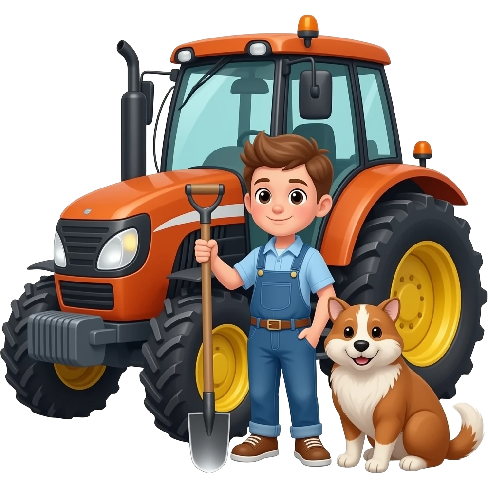 junge mit tieren und mistgabel und großer traktor emoji