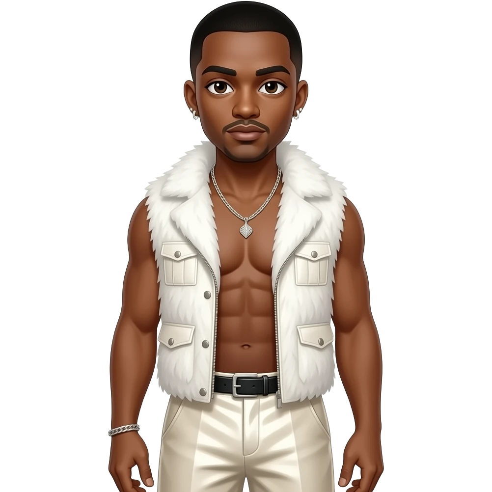 Usher with dark brown eyes, black buzz cut hair, white fur shawl vest, ivory metallic baggy pants, shirtless with necklace and earrings emoji