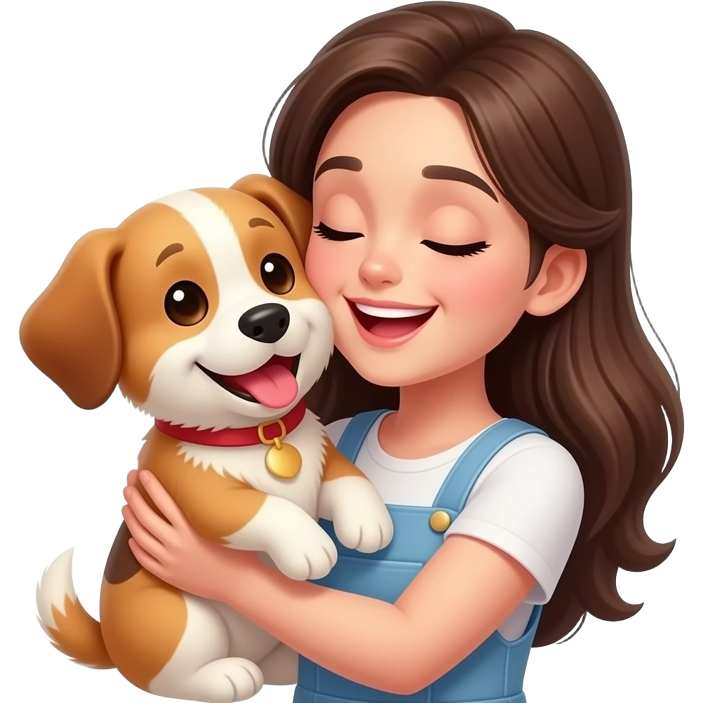 “Una mujer joven abrazando a un perro pequeño y hablándole de forma tierna como si fuera un bebé. Ella tiene una expresión exageradamente cariñosa y el perro la mira feliz y se miran felices. Ambiente cálido, divertido y tierno.” emoji