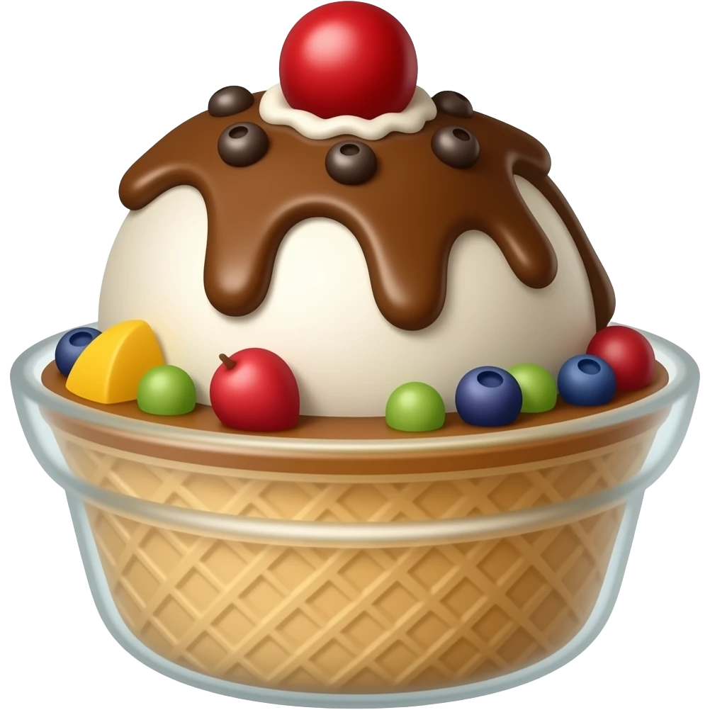 realistic, highly detailed, Chocolate Caramel sundae, no fruit in a sundae dish emoji