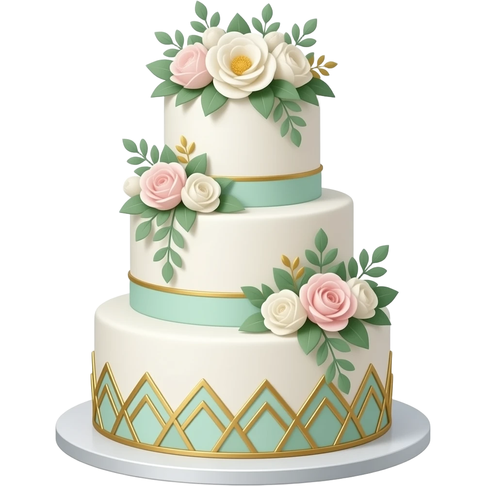 A three-tier wedding cake sticker decorated with sugar flowers,  gold leaf details, and cascading greenery. Elegant and modern —  white fondant with geometric gold borders.  Flat illustration with subtle soft shadows.  Pastel mint and gold color scheme. Transparent background, sticker style. emoji