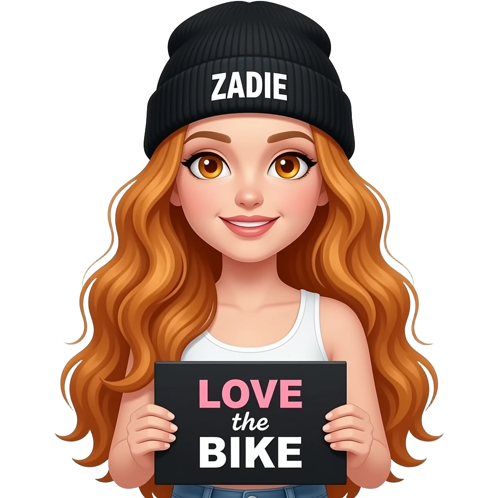 sexy girl with overlong wavy ginger hair and ginger eyes wearing a white tanktop and a black beanie with ZADIE written on it, is holding a black sign with LOVE the BIKE written on it emoji