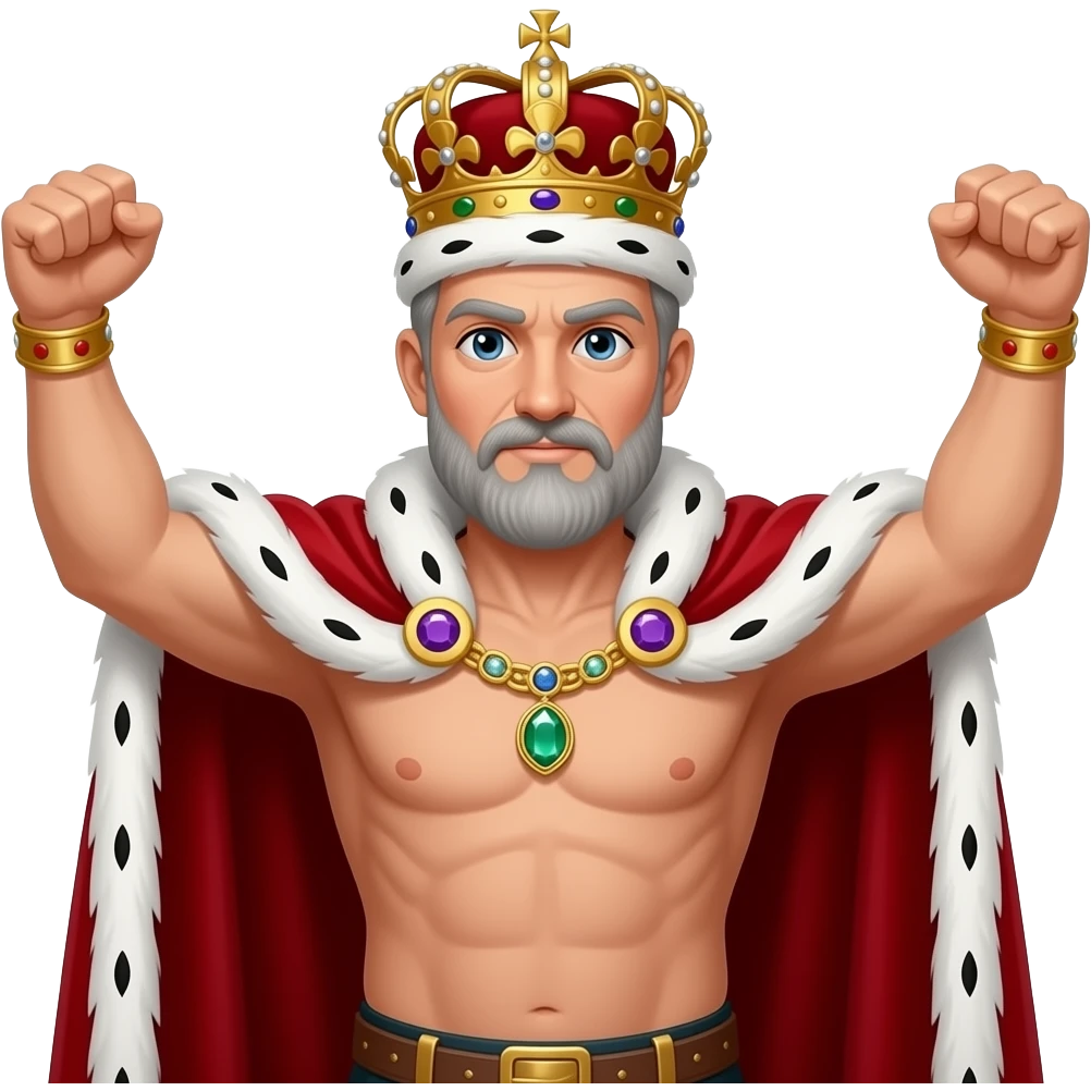Portrait von einem König um die 40 mit leicht grauen Strähnen in den Haaren und Bart. er trägt eine prunkvolle königliche krone und Goldkette mit Edelsteinen. Er hat kein Hemd an aber ein weit geöffneter roter samt Umhang mit weißen Pelz. Er hält seine Arme gebieterisch in die Höhe emoji