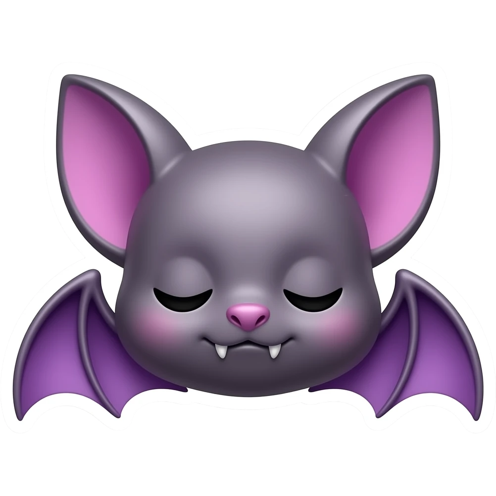 3D baby bat face, sleepy half-closed eyes, tiny fangs, velvety purple ...