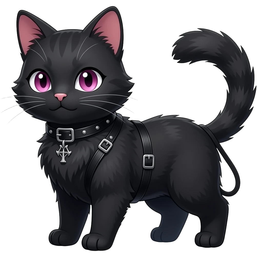 Gorgeous furry gothic dark techwear anime style anthro black cat fursona with blushing face aesthetic and pretty edgy black with collar and harness trending style emoji