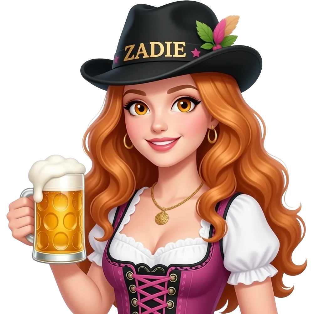 sexy girl with overlong wavy ginger hair and ginger eyes is wearing a pink dirndl and a black bavarian hat with ZADIE written on it, is holding a mass beer emoji