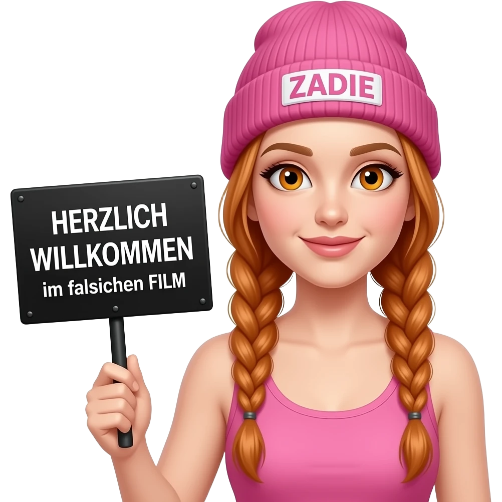 sexy girl with overlong ginger braids and ginger eyes wearing a pink tanktop and a pink beanie with ZADIE written on it, is holding a black sign with HERZLICH WILLKOMMEN im falschen FILM written on it emoji