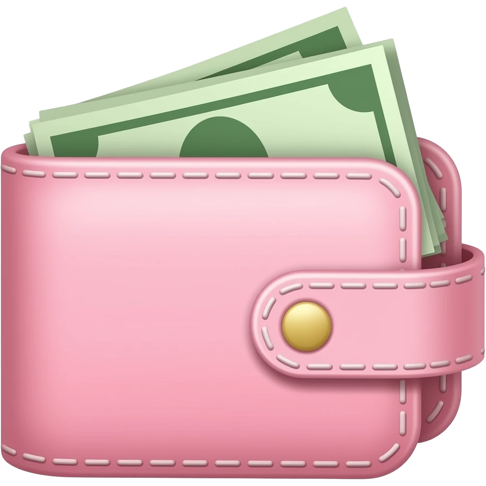portefeuille rose pastel avec billets qui depasse , la vue est en 3 quart emoji