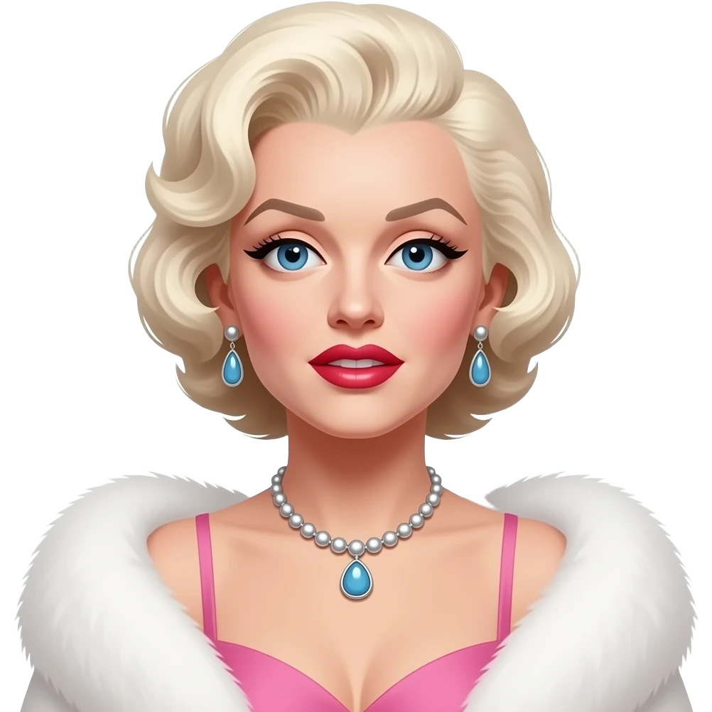 Marilyn Monroe with blue eyes, white blonde hair, white fur shawl, pink dress, necklace and earrings emoji