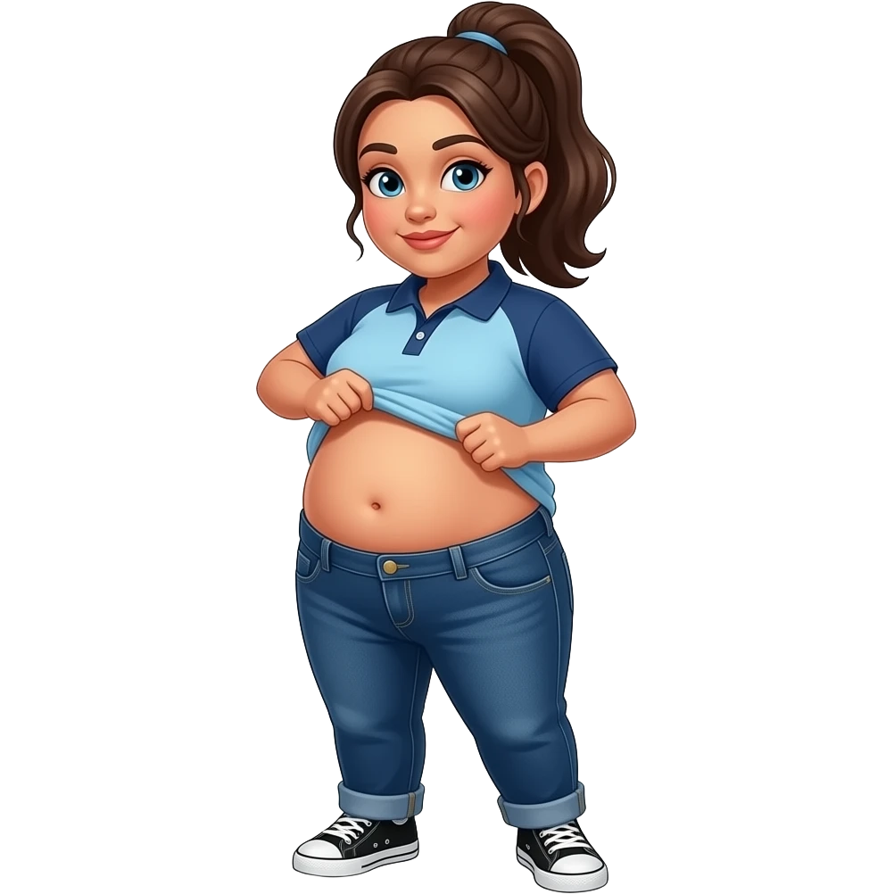 Obese Hispanic girl with brown ponytail blue eyes and light blue and dark blue polo shirt dark blue baggy jeans and black and white sneakers lifting her shirt up showing her chubby belly button emoji