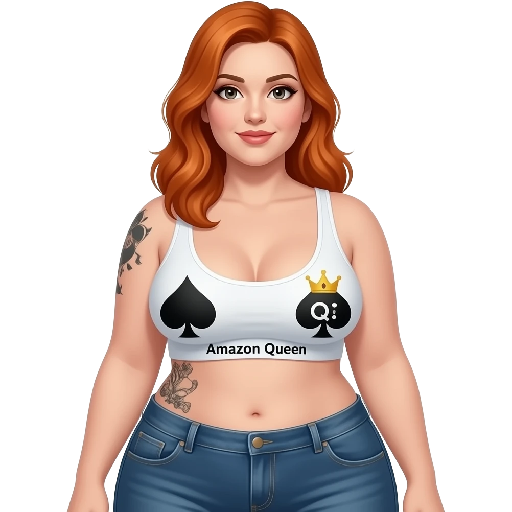 BBC OWNED tattoo above her pelvis with QoS tattooed on her left breast and Thicker Amazon Queen 👑 5'-7" tall 197 lbs F cup breasts thick lady w Ginger to red hair plump all day over and lighten skin to creamy white tattoos black and on the right breast a ♠️ emoji