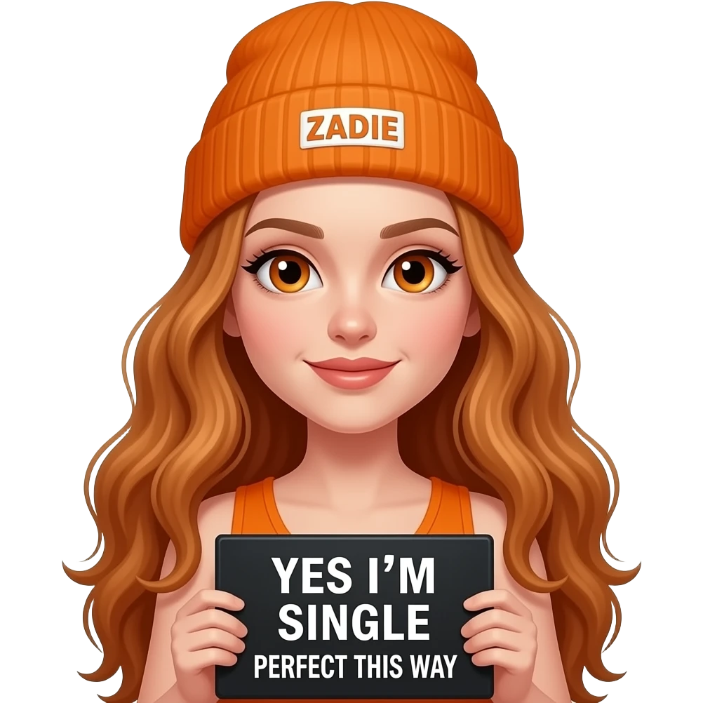 sexy girl with overlong wavy ginger hair and ginger eyes wearing a orange tanktop and a orange beanie with ZADIE written on it, is holding a black sign with YES I'M SINGLE and PERFECT THIS WAY written on it emoji