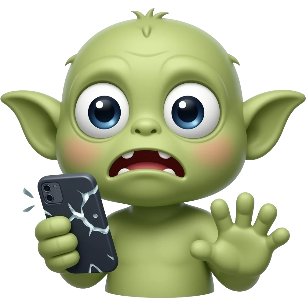 Cute gremlin emote saying “АЛООО?”, holding broken phone, panic face, pink Twitch style, transparent background emoji