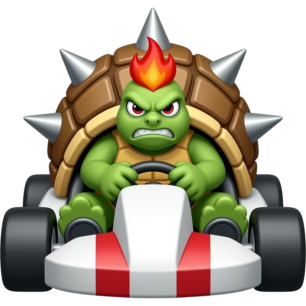 an angry big turtle with spikes on its shell and red flames hair in a kart, front view emoji