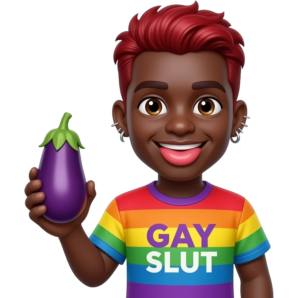 Smiling face  with eggplant in hand with a rainbow shirt that says gay slut and make him black with piercings ever where on him nose cheeks and lip with red hair and make his lips extra big emoji