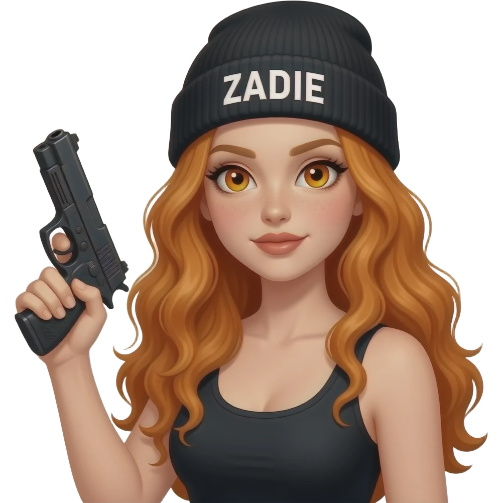 sexy girl with overlong wavy ginger hair and ginger eyes wearing a black tanktop and a black beanie with ZADIE written on it, is holding a gun emoji