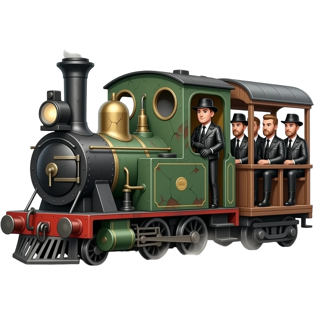 Text: "The little train that couldn't, don't run out of steam at SteamWorks". Image of Gay leatherman train conductor, gay leatherman passengers on the little train that couldn't. emoji