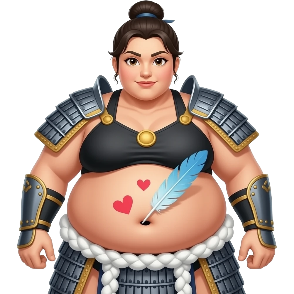 A female sumo warrior,she is stuffed silly after all you can eat buffet,her huge belly hangs out,her bellybutton gets tickled by a magical feather and paints hearts on her fat stomach. emoji