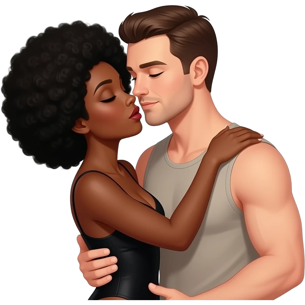 A sexy black woman with black hair Afro having sex with white man with brown hair emoji