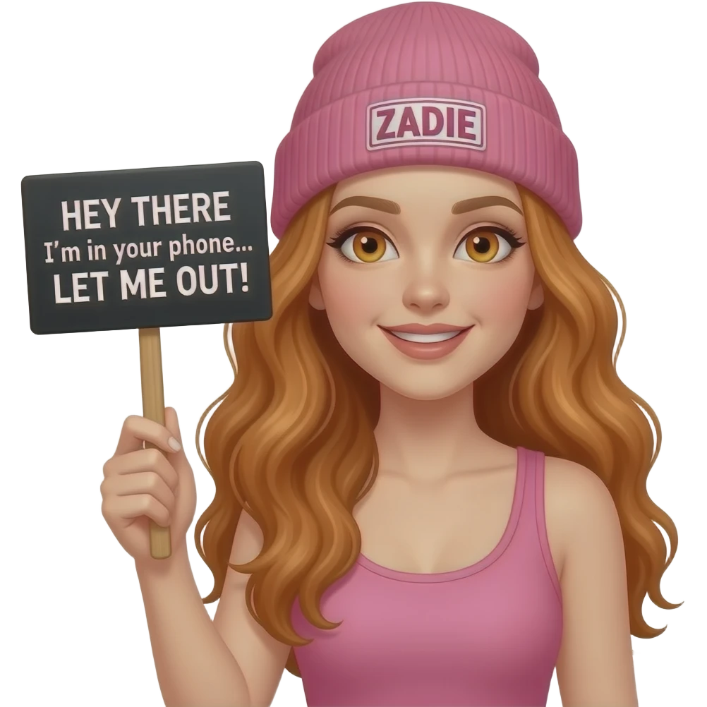 sexy girl with overlong wavy ginger hair and ginger eyes wearing a pink tanktop and a pink beanie with ZADIE written on it, is holding a black sign with HEY THERE I'm in your phone... LET ME OUT! written on it emoji