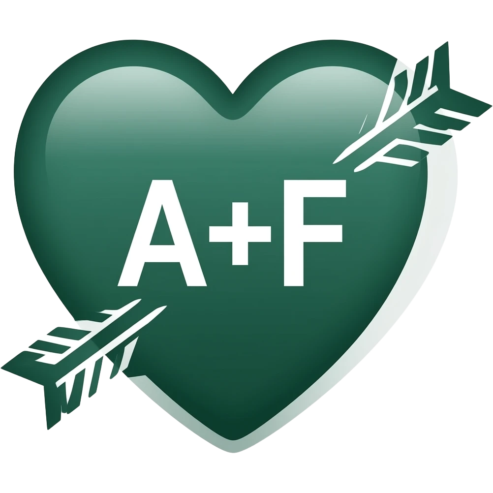Dark green Heart with arrow going through it with “A+F” in the middle of the heart emoji