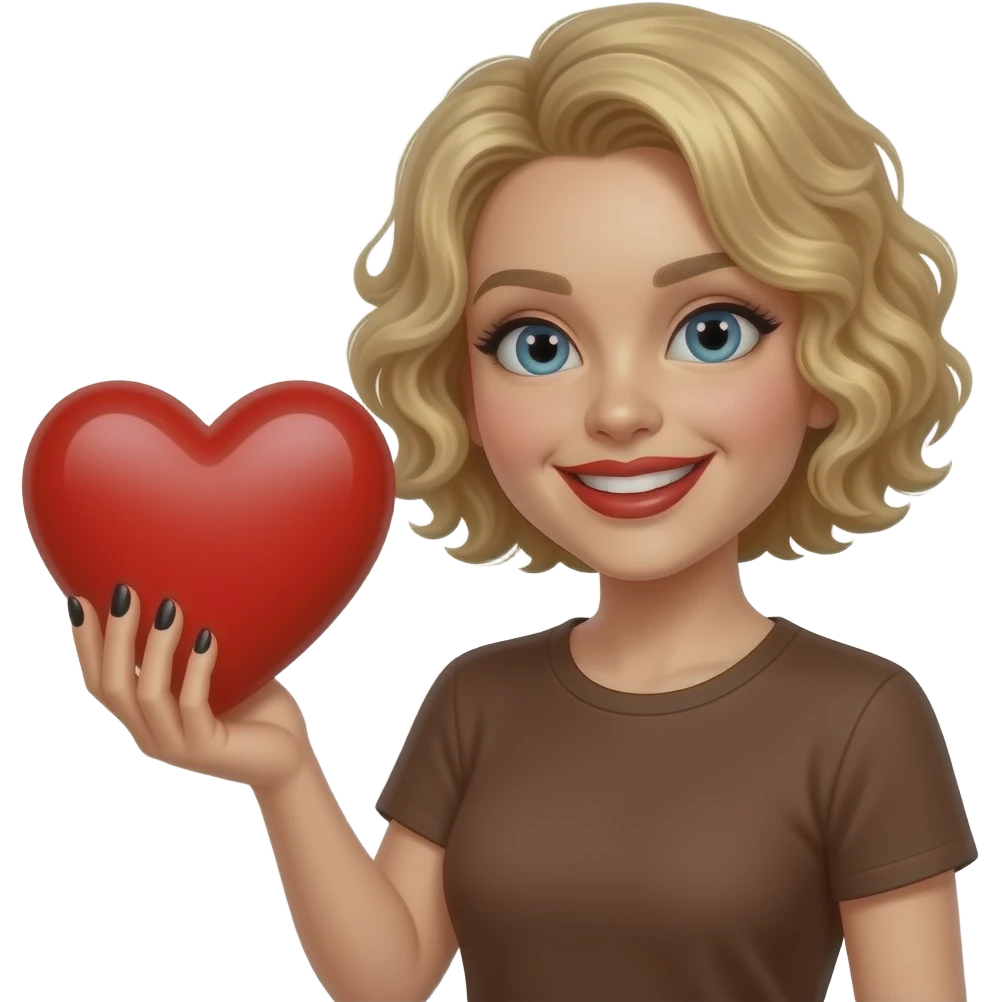 Short blond hair in curly sed swept holding a big red heart in with black nail polish and dark red lipstick smiling, in a brown t shirt emoji