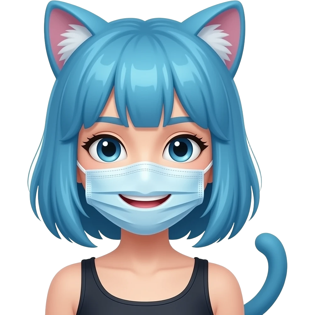 Una chica hermosa con orejas de gato y cola de gato con pelo azul y una máscara que solo le puedan ver su boca emoji
