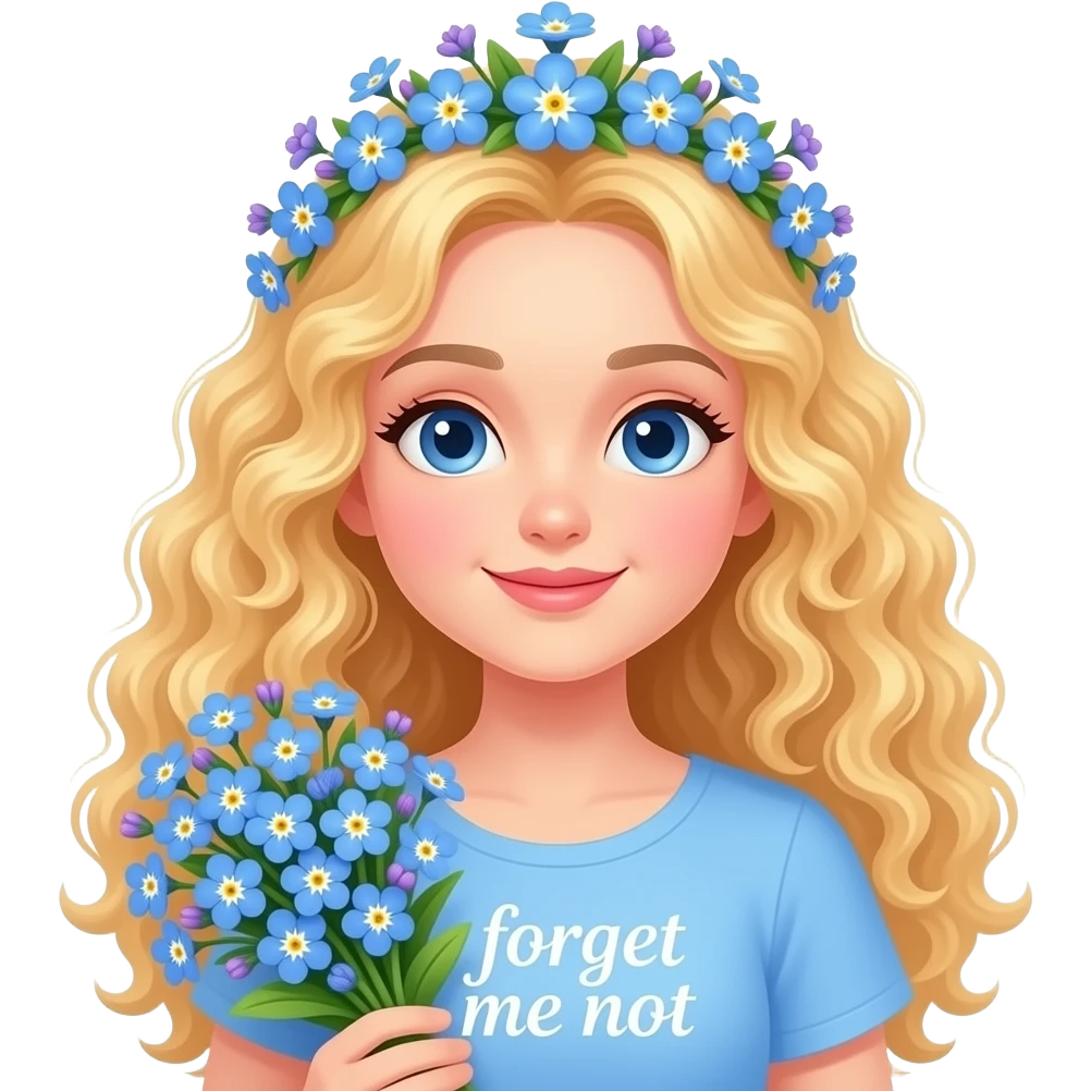 “Cute kawaii emoji of a blonde curly-haired girl wearing a crown of forget-me-not flowers (myosotis), holding a bouquet of forget-me-nots, pastel blue and lavender tones, soft chibi sticker style, white or transparent background, with the text ‘forget me not’ written aesthetically on the side.” emoji