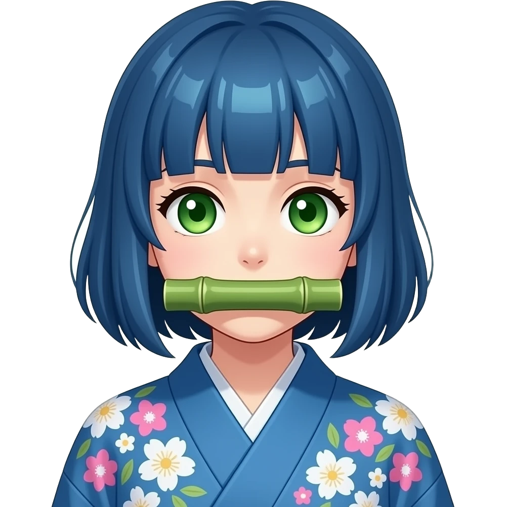 Que se parezca a Nezuco Demon Slayer pero con los ojos verdes el pelo azul y el bambú grueso en la boca el kimono azul y flores color pastel emoji