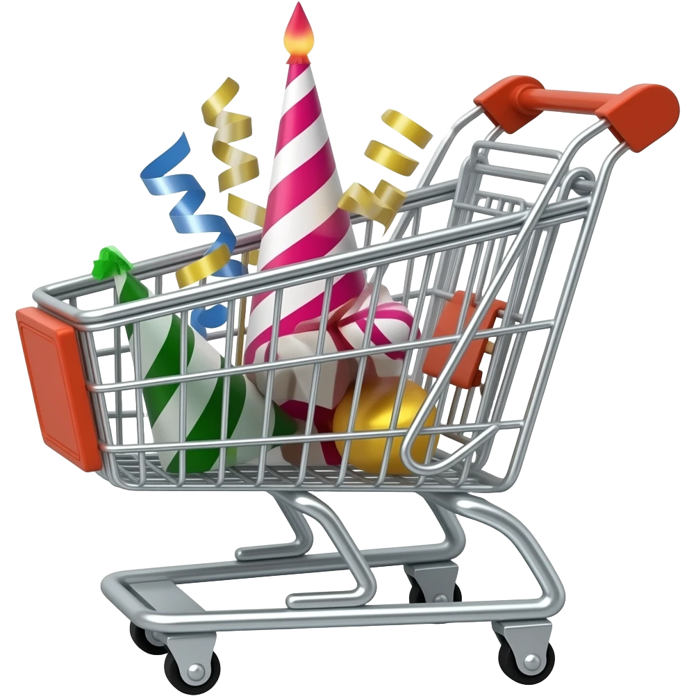 shopping cart with party supplies in it emoji