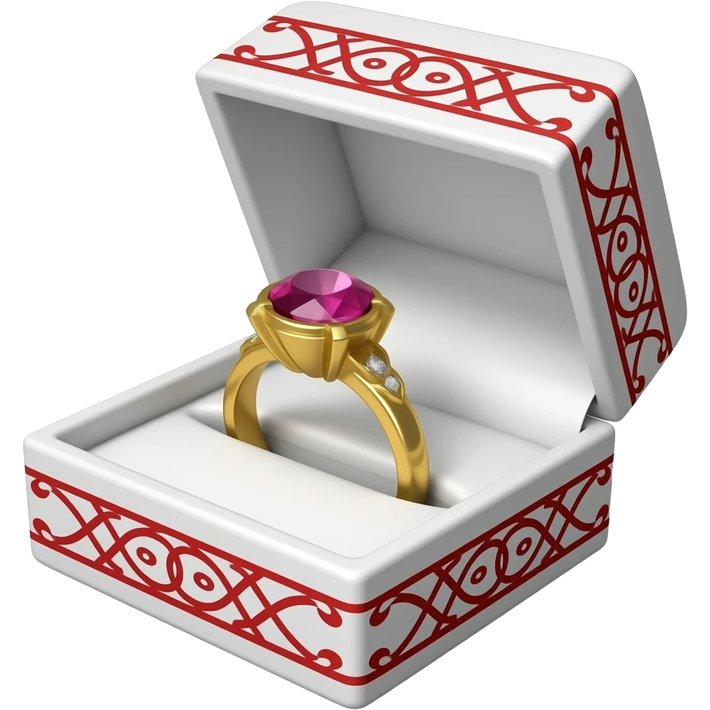 Ruby ring in a White box with red ornate trim emoji