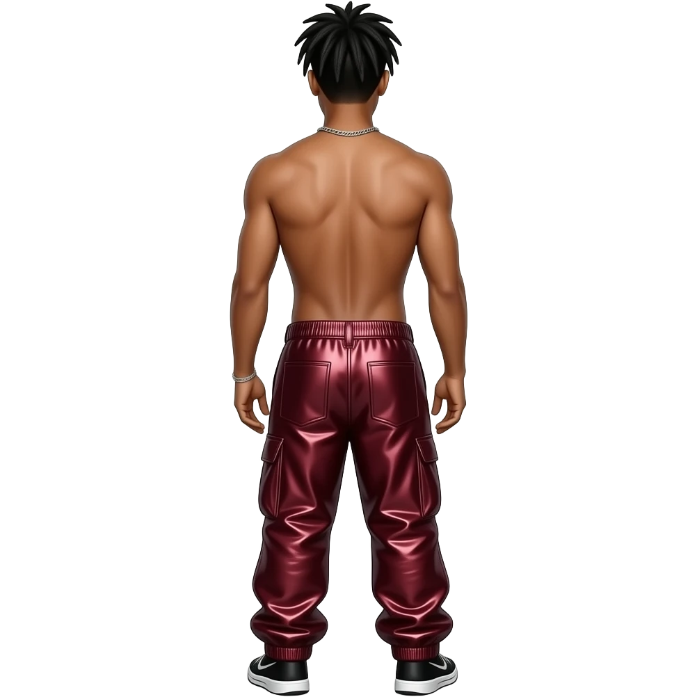 Jaden Smith from behind with maroon metallic baggy pants, shirtless with necklace emoji