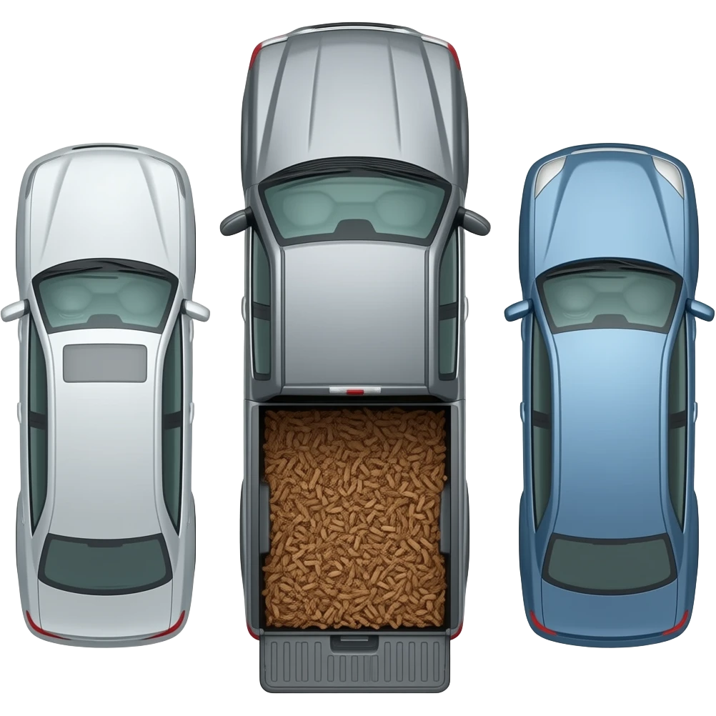 Gray F150 with full of bark chips in the back upside down in between two other cars emoji