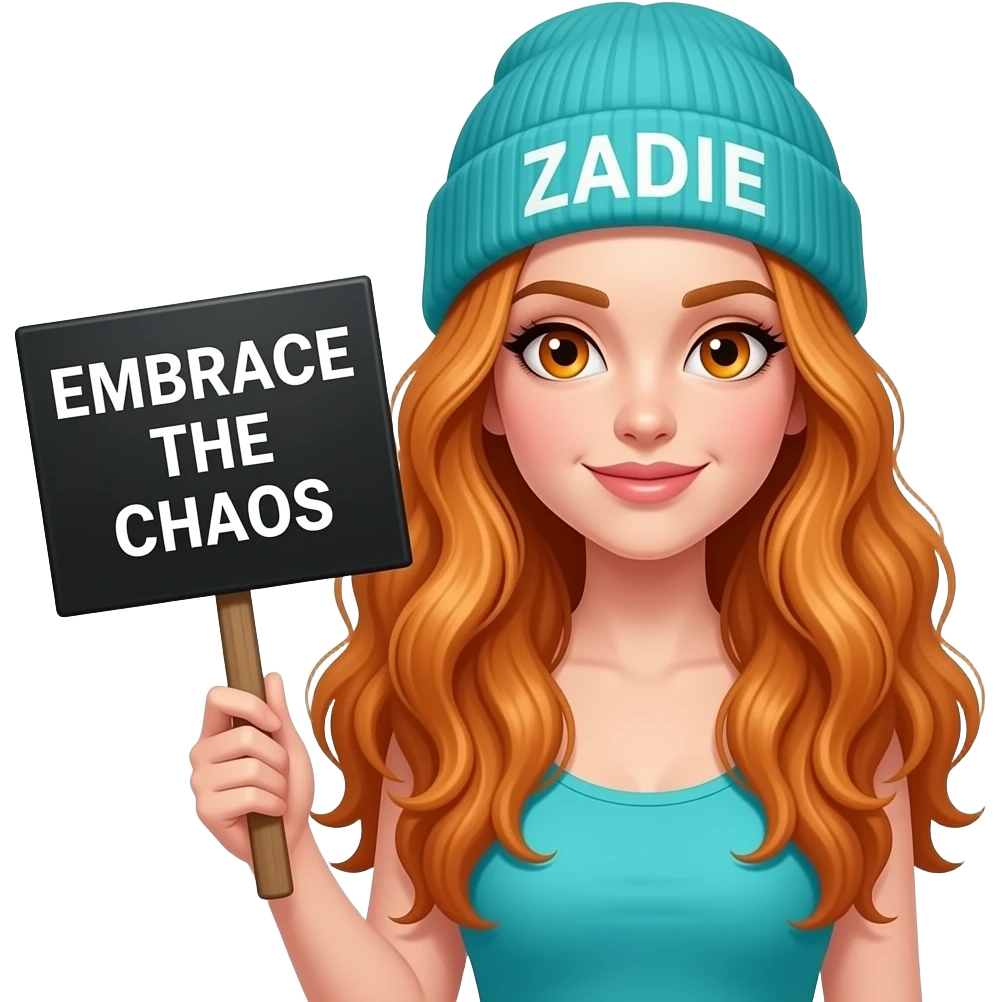 sexy girl with overlong wavy ginger hair and ginger eyes wearing a turquoise tanktop and a turquoise beanie with ZADIE written on it, is holding a black sign with EMBRACE THE CHAOS written on it emoji