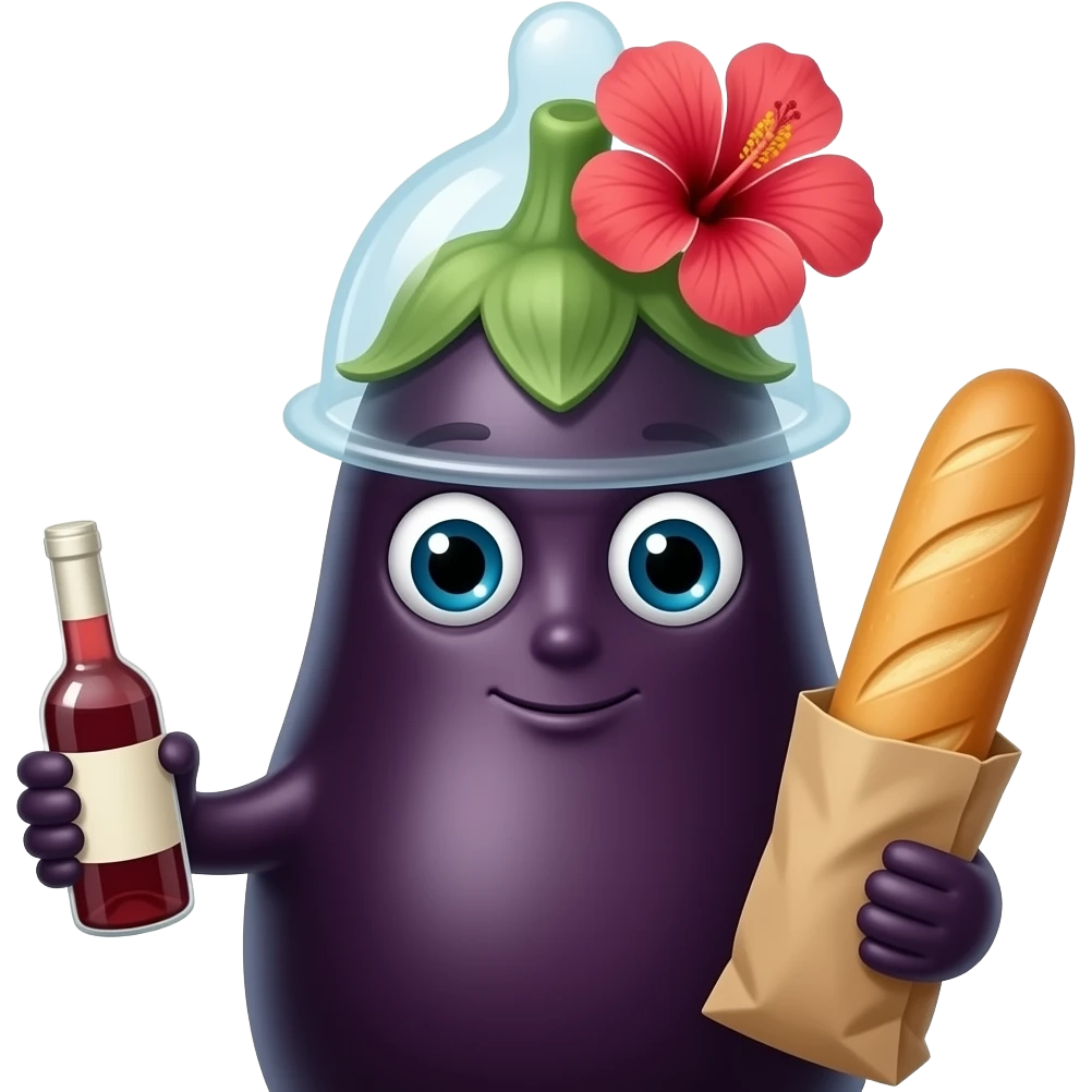 Aubergine ave un preservatif sur la tete et tenant une petite bouteille de vin dans une main et une baguette dans l'autre. Un hibiscus en haut du preservatif emoji