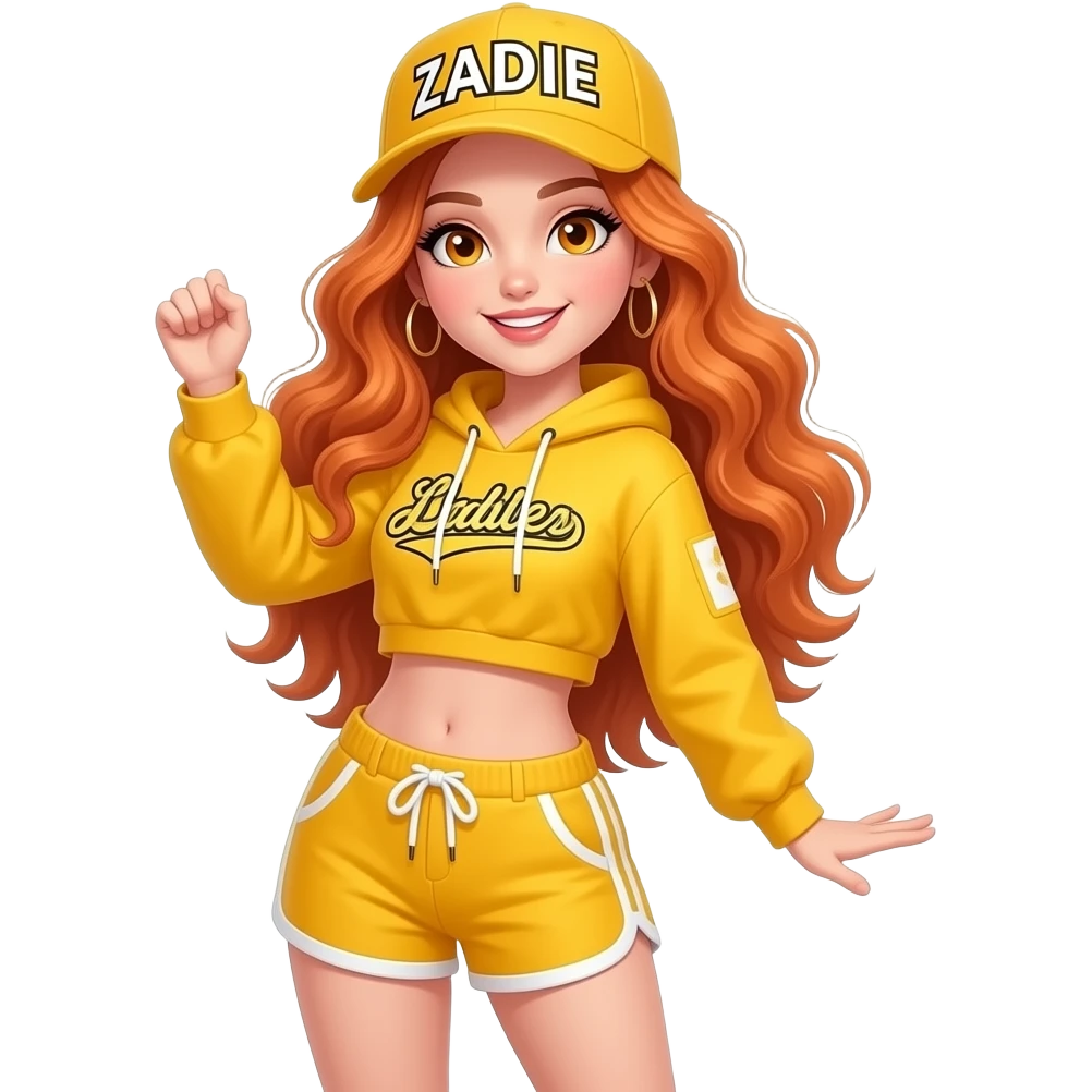 sexy girl with long wavy ginger hair and ginger eyes is wearing a yellow hip hop outfit and a cap with ZADIE written on it, is dancing, the full body is to seen emoji
