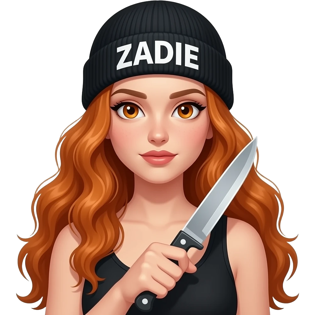 sexy girl with overlong wavy ginger hair and ginger eyes wearing a black tanktop and a black beanie with ZADIE written on it, is stabbing with a knife emoji